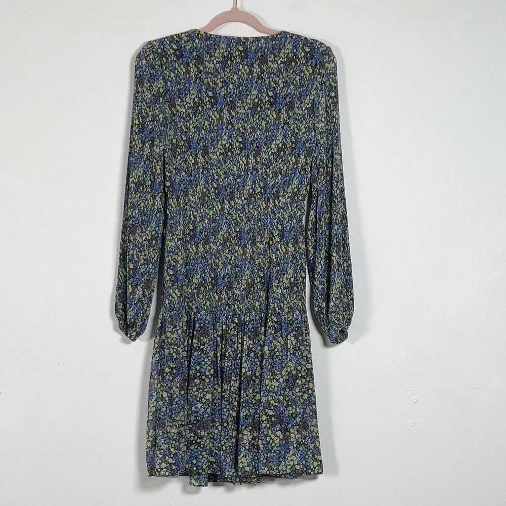 Boden Plisse Mini Dress Sz US 6L‎ XS Blue Floral V Neck Long Sleeve Dress